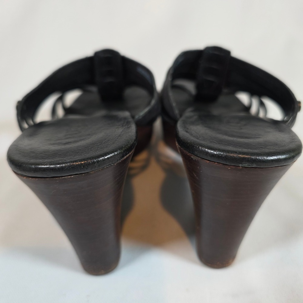 UGG Mattie Wedge Sandal Black Leather Strappy Wood Platform Womens 7.5 - Picture 3 of 8